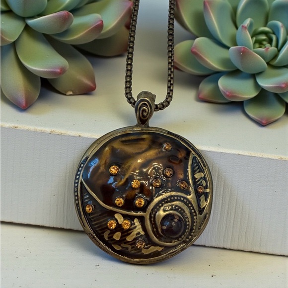 Vintage Handmade Artistic Copper & Amber Look Rhinestone Medallion Necklace - Picture 3 of 4